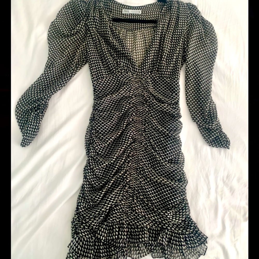 Zara black and white ruched mini dress